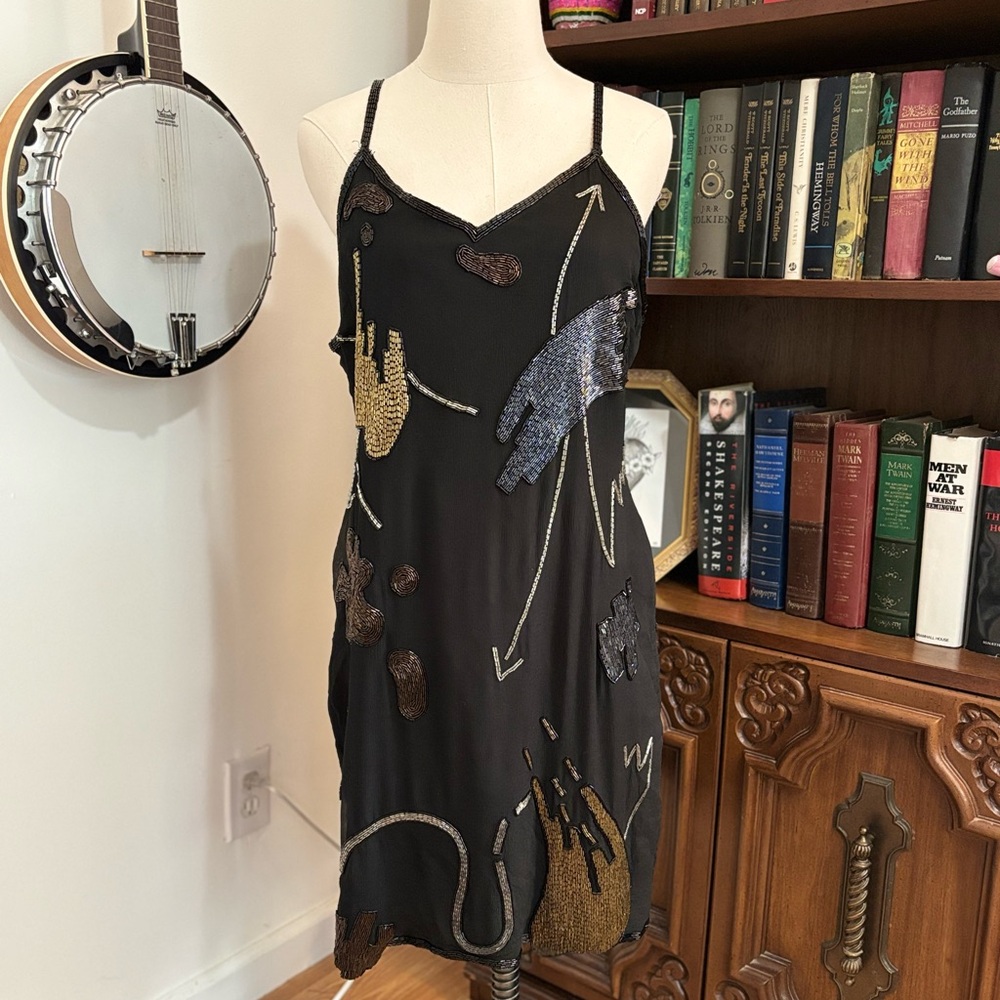 VTG 80s Beaded Silk Artsy Brush Stroke Abstract Print Black Mini Dress SZ XL